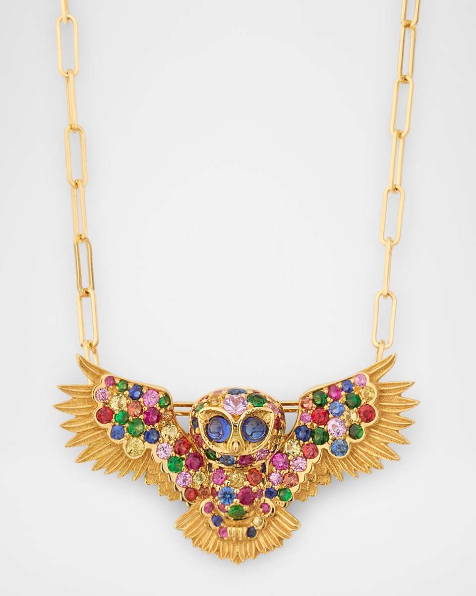 Ark 18K Yellow Gold Multi Sapphire Owl Brooch Pendant and Chain, 18"L
